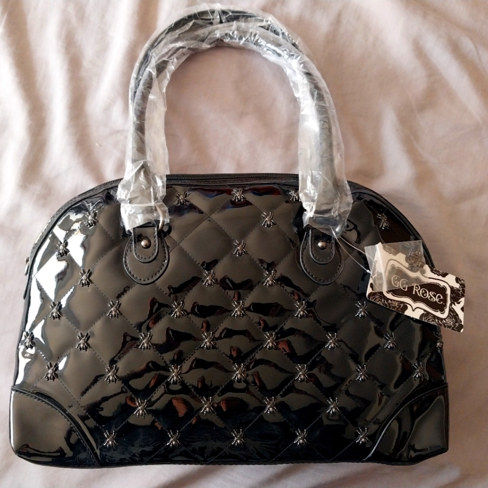 GG Rose Rock Rebel goth black vinyl quilted spider purse - Picture 4 of 11